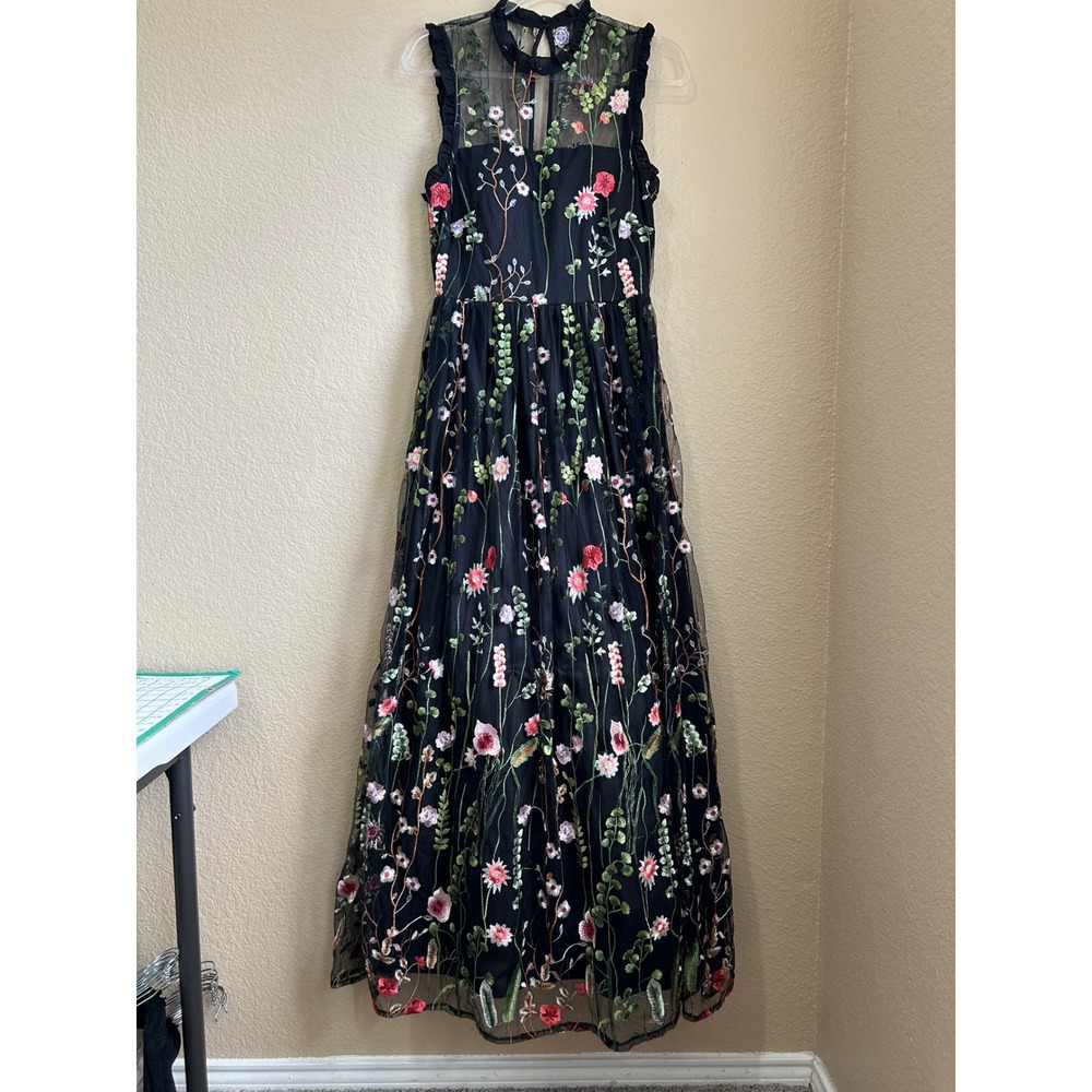 City Studio Black Floral Embroidered Mesh Maxi Dress Mock Neck 9 8225-HZ6A